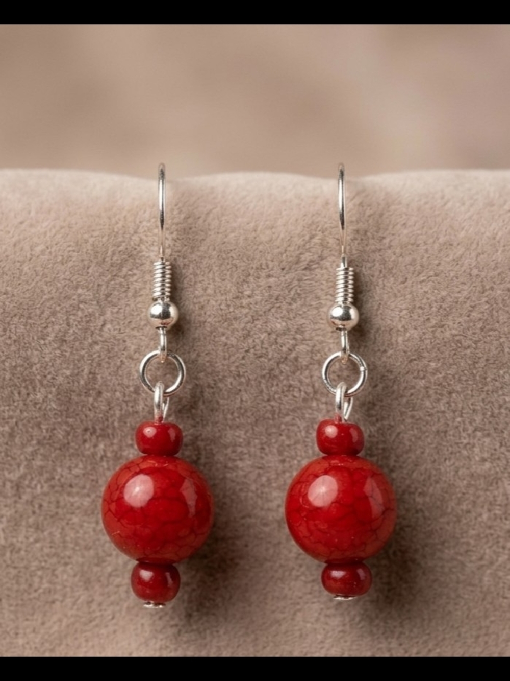 Handmade Vibrant Red Crackle Bead Dangle Earrings-Boho Style